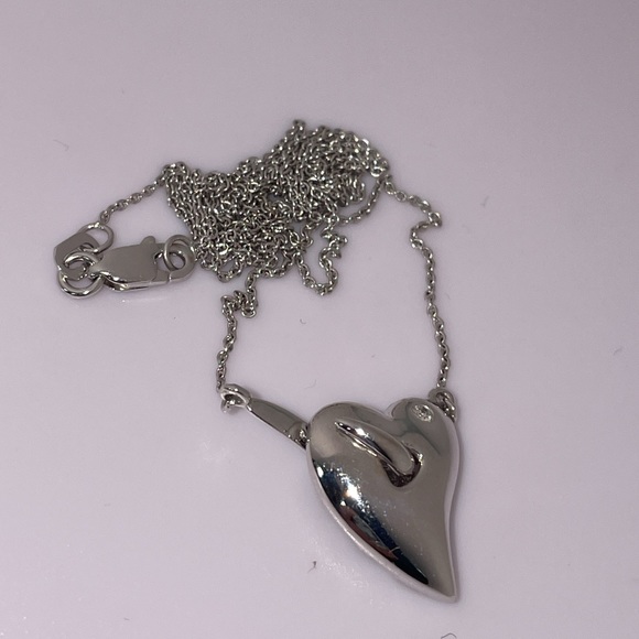 Solid 14K White Gold Hook Heart Hooked on Love Natural Diamond Necklace - Picture 7 of 15